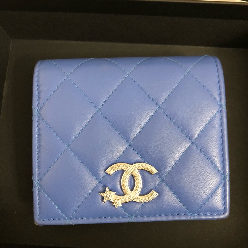 Chanel lambskin leather blue bifold wallet